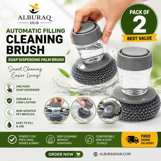 Pack of 2 Kitchen Soap Dispensing Palm Brushes | Easy Push Dish Cleaning Scrubber