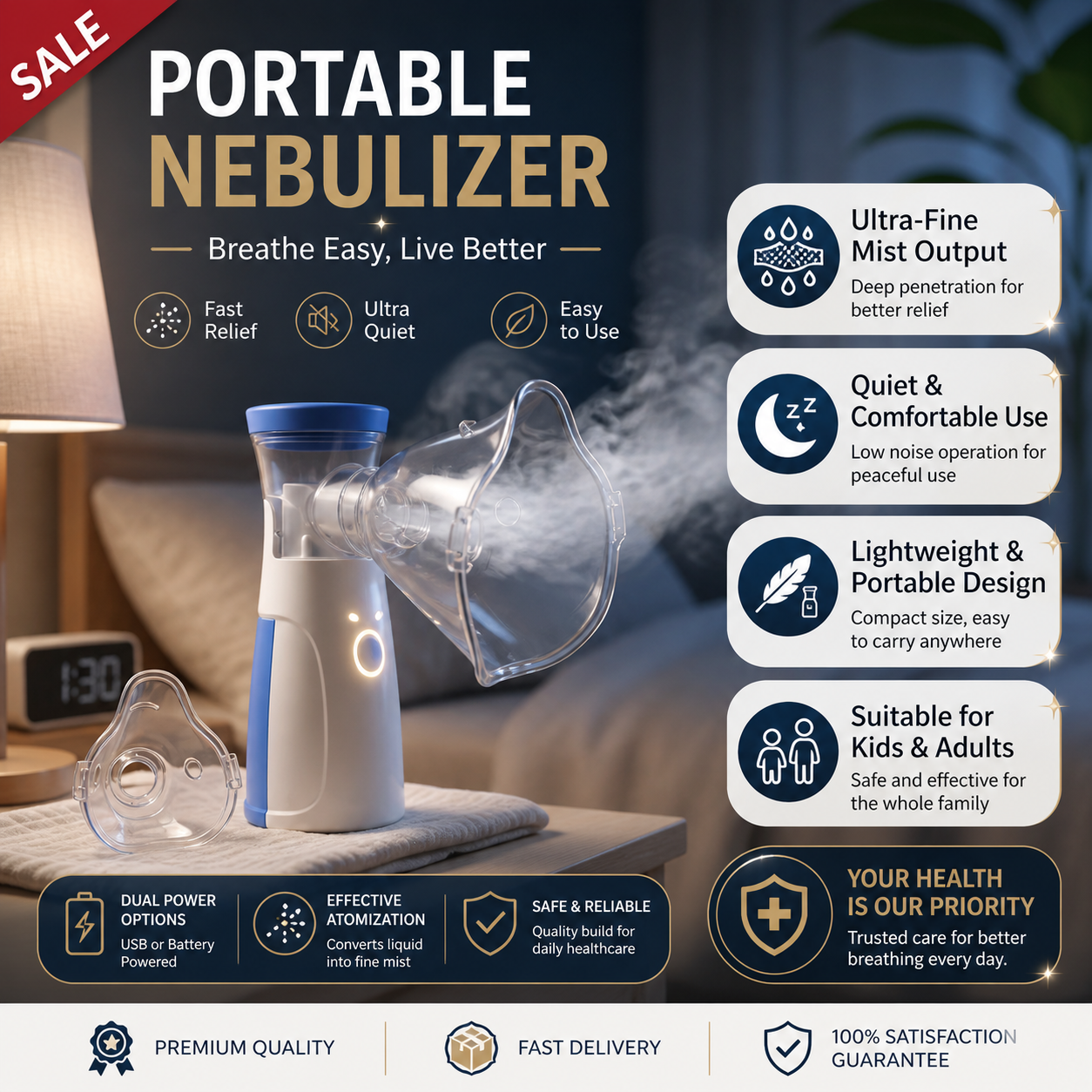 Portable Mesh Nebulizer – Ultrasonic Atomizer for Kids & Adults | USB Rechargeable Nebulizer Machine for Easy Breathing Support