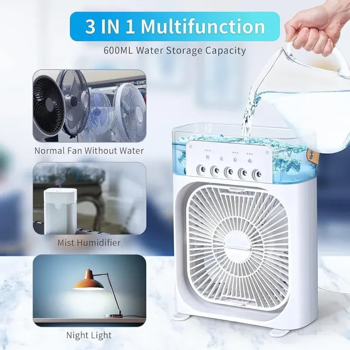 3-in-1 Mini Portable Air Cooler – Portable AC with Humidifier & LED Light | USB Powered Cooling Fan Best For Home and Office